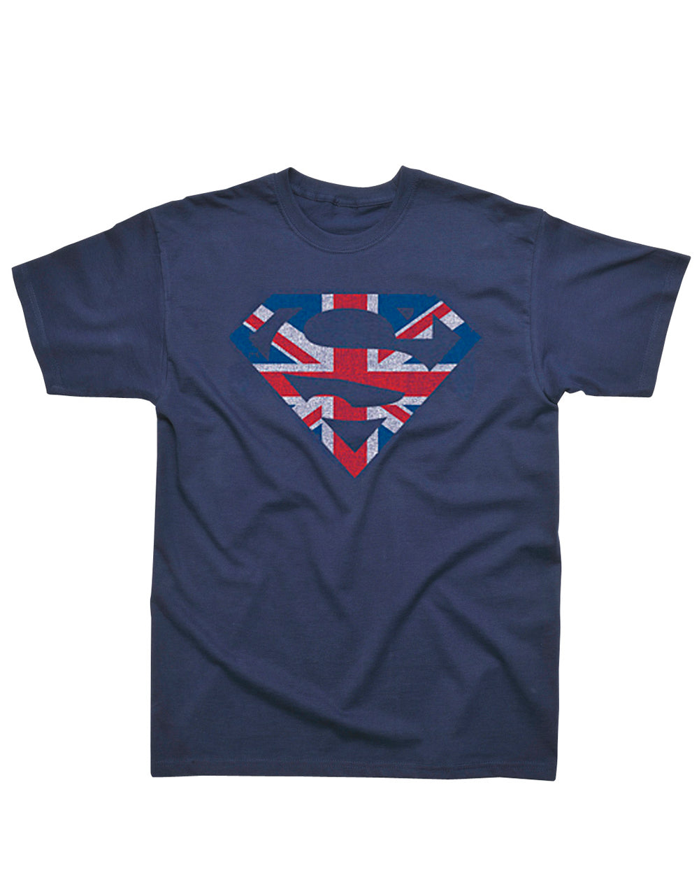 Superman Union Jack UK graphic on a navy blue adult t-shirt.