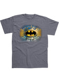 Batman gold graphite logo graphic on a grey adult t-shirt.