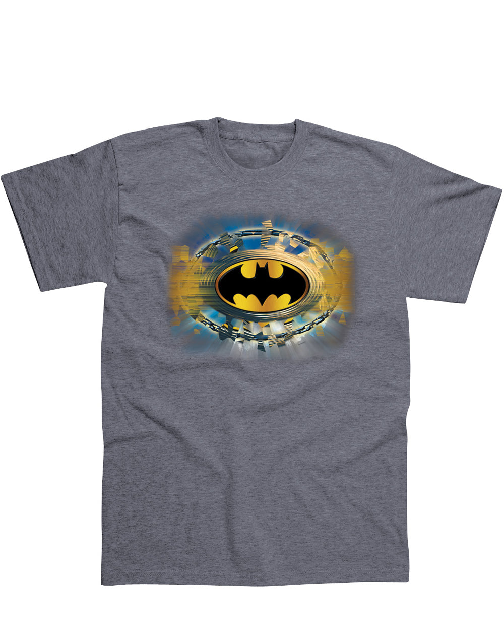 Batman gold graphite logo graphic on a grey adult t-shirt.