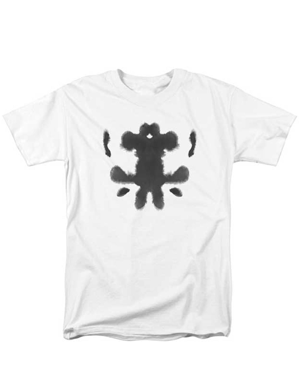 Rorschach blot face graphic on a white adult t-shirt.
