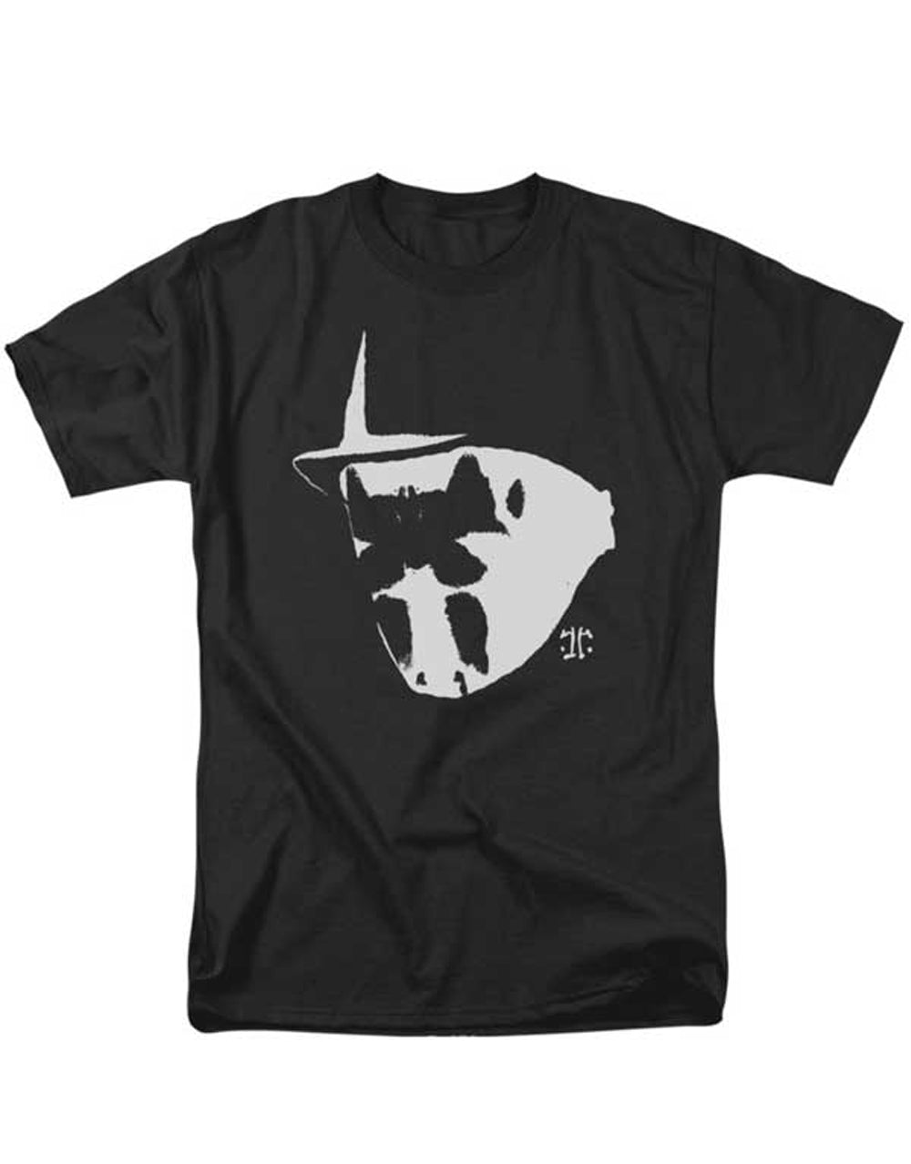 Rorschach mask and symbol graphic on a black adult t-shirt.