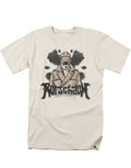 Rorschach comic graphic on a cream adult t-shirt.