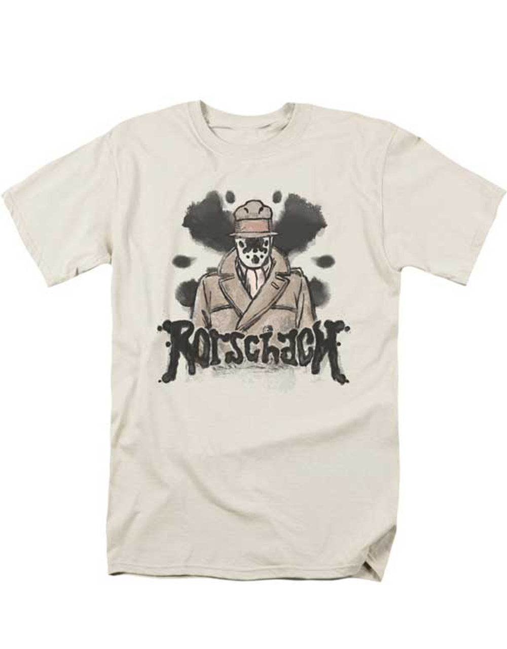 Rorschach comic graphic on a cream adult t-shirt.