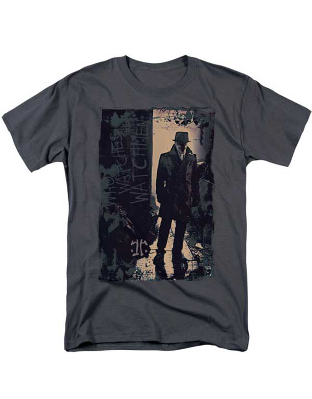 Rorschach nobody cares graphic on a charcoal grey adult t-shirt.