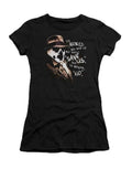 Watchmen whisper graphic on a black women's t-shirt.