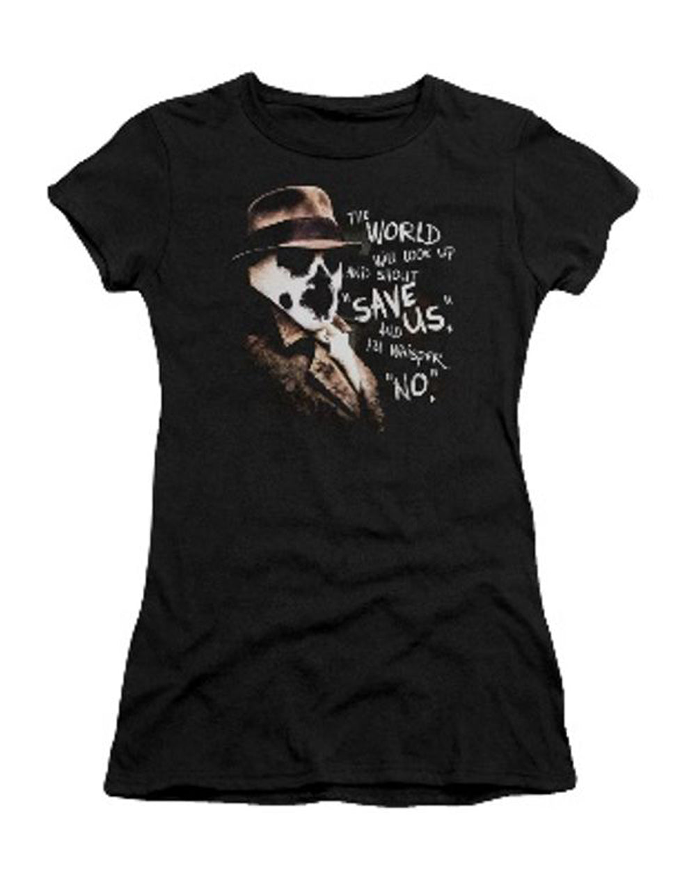 Watchmen whisper graphic on a black women's t-shirt.