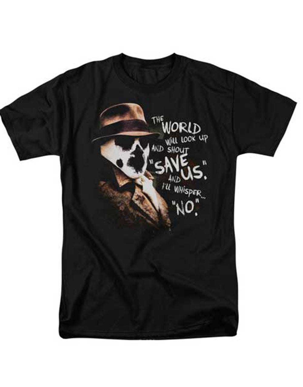 Rorschach whisper graphic on a black adult t-shirt.