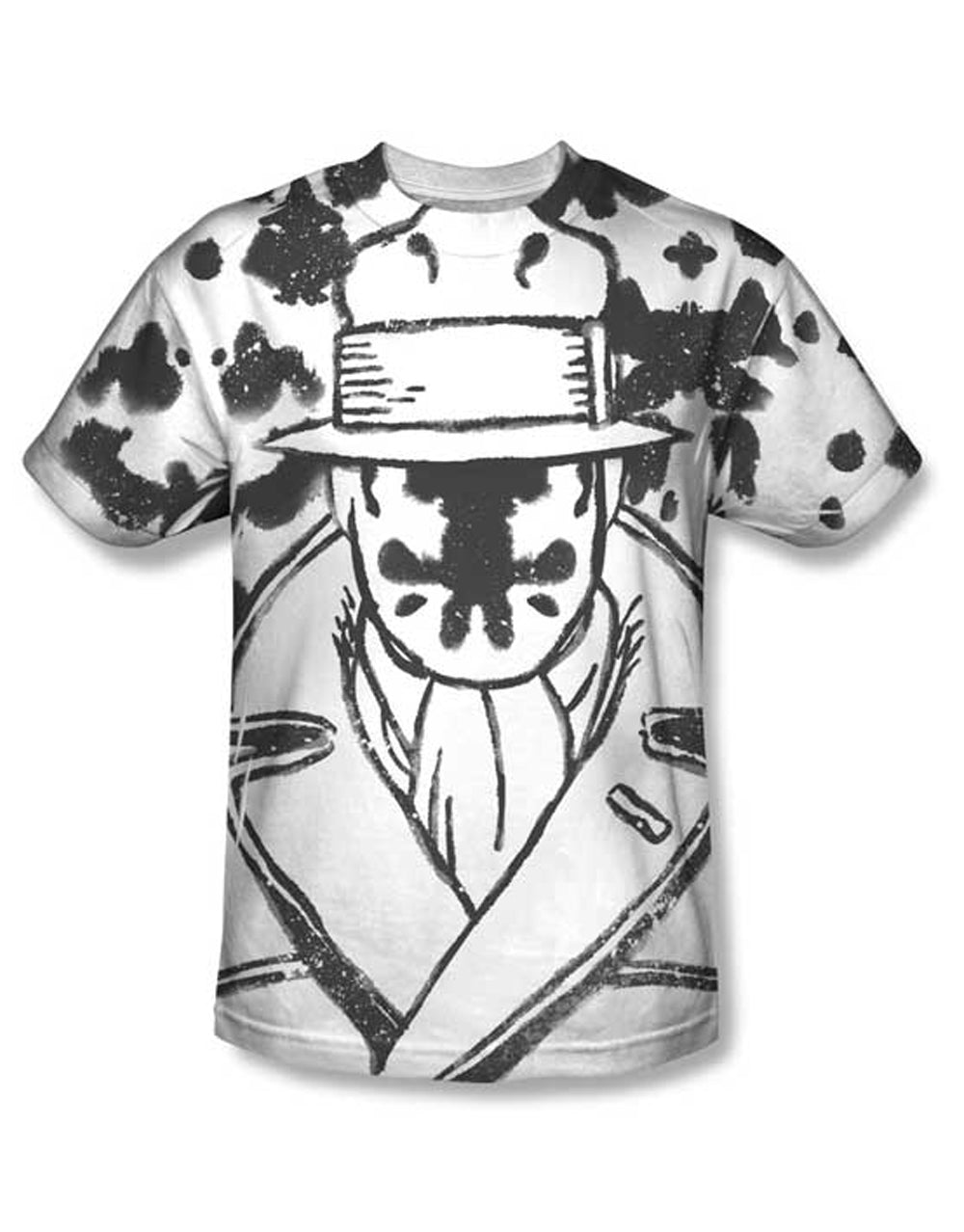 Rorschach give back face graphic on a white adult t-shirt.