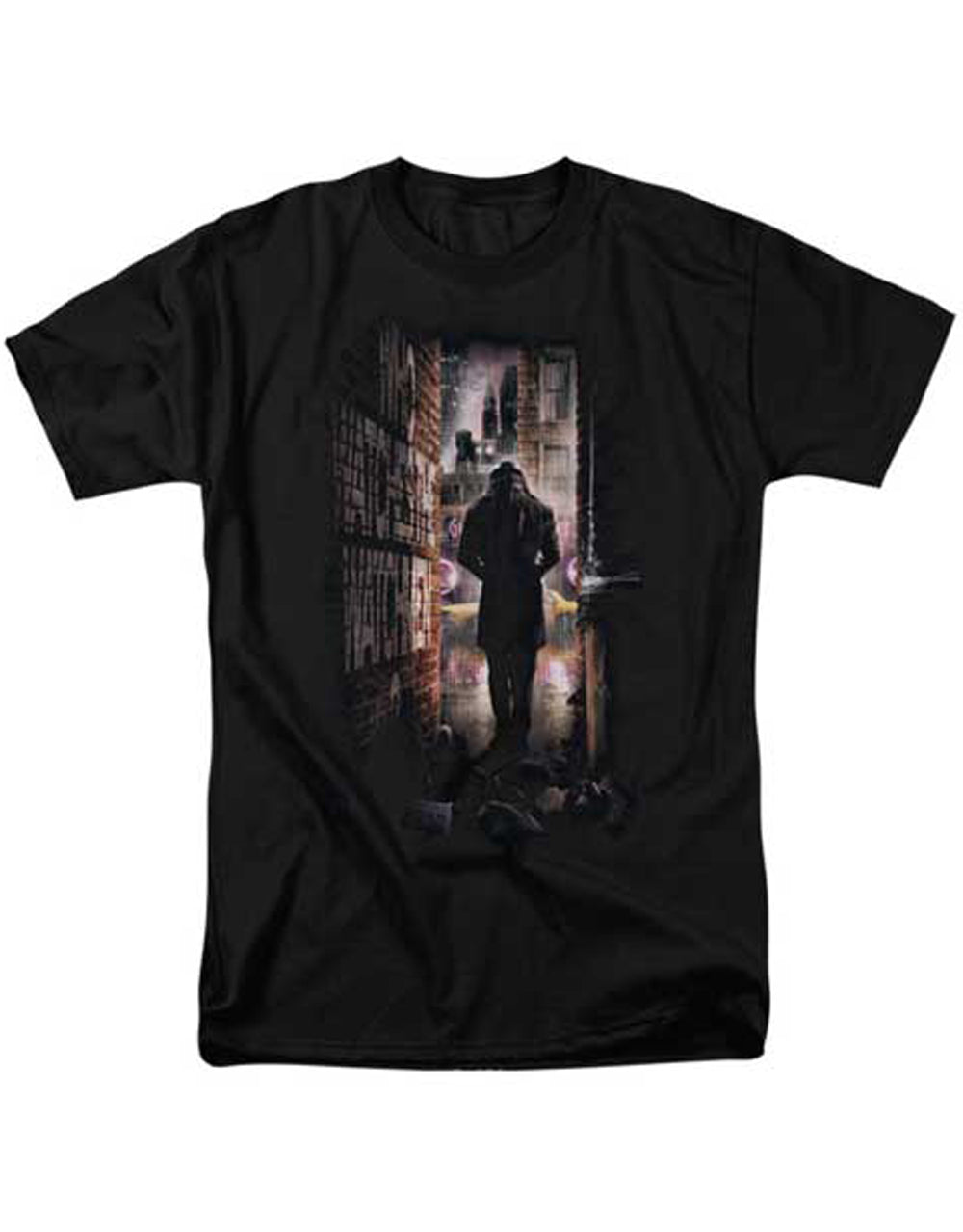 Rorschach alley graphic on a black adult t-shirt.