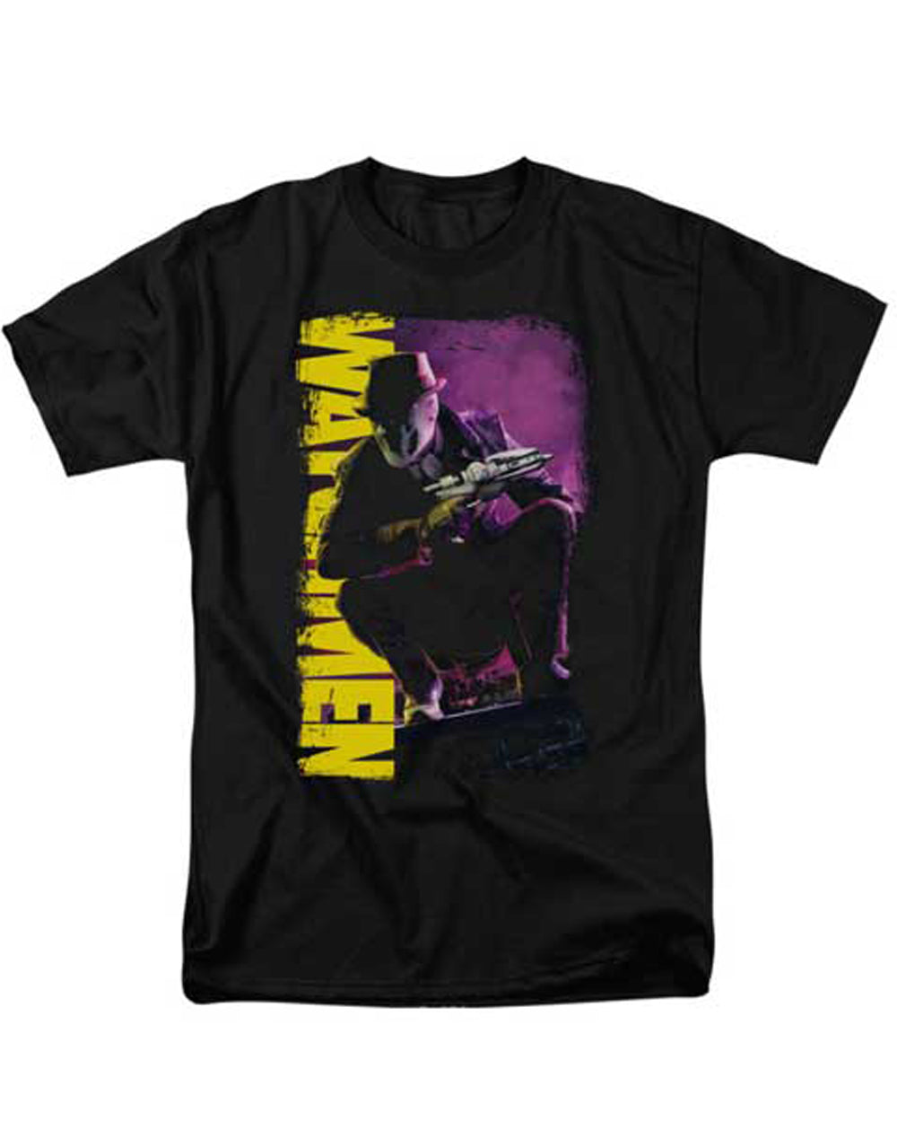 Rorschach perched graphic on a black adult t-shirt.