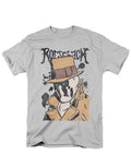 Rorschach splatter graphic on a silver grey adult t-shirt.