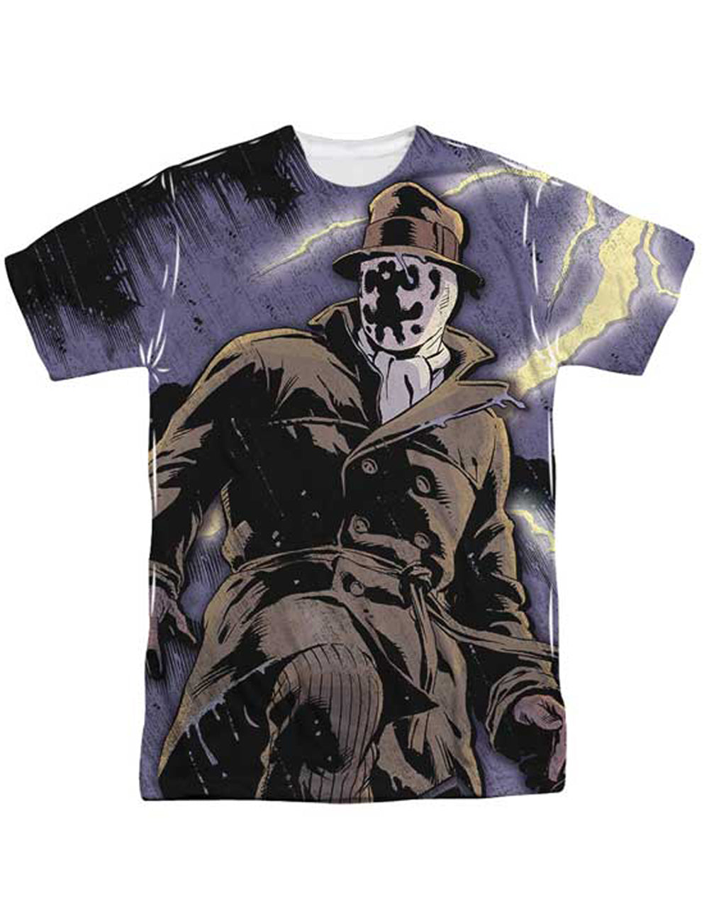 Rorschach storm graphic on a white adult t-shirt.
