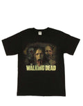 The Walking Dead trio distress graphic on a black adult t-shirt.