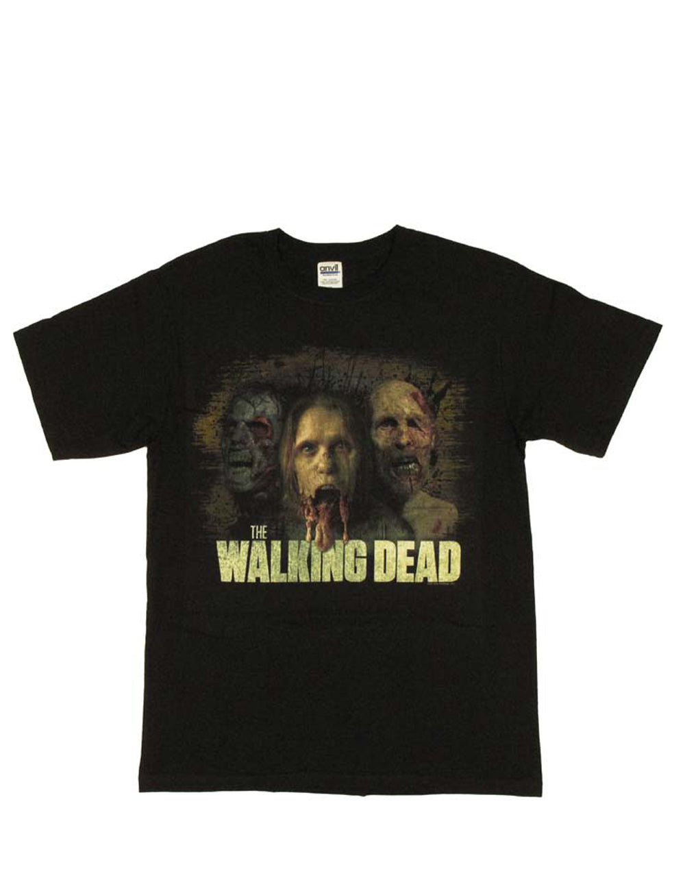 The Walking Dead trio distress graphic on a black adult t-shirt.