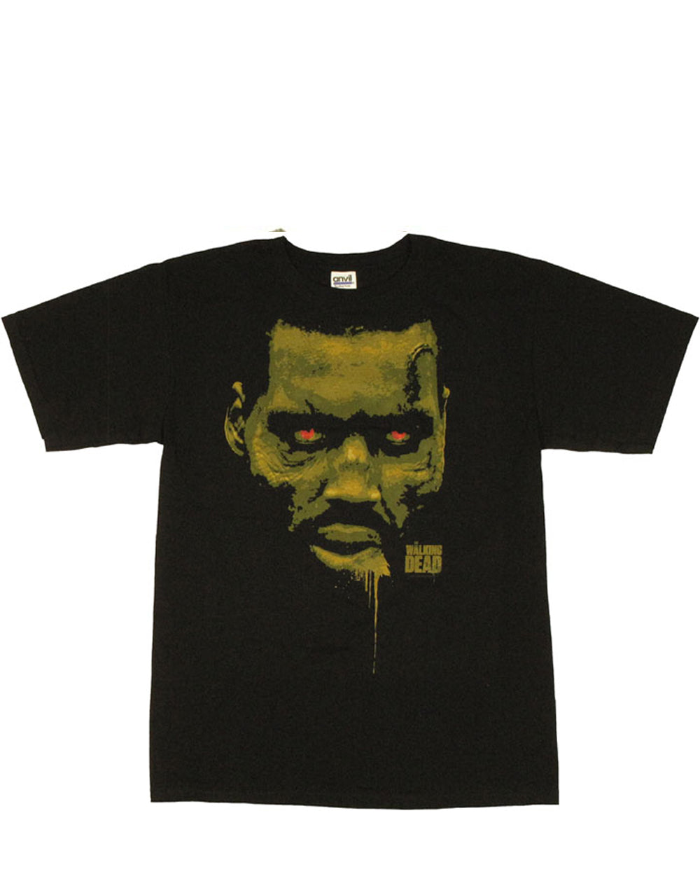 The Walking Dead bloody lip red eye graphic on a black adult t-shirt.