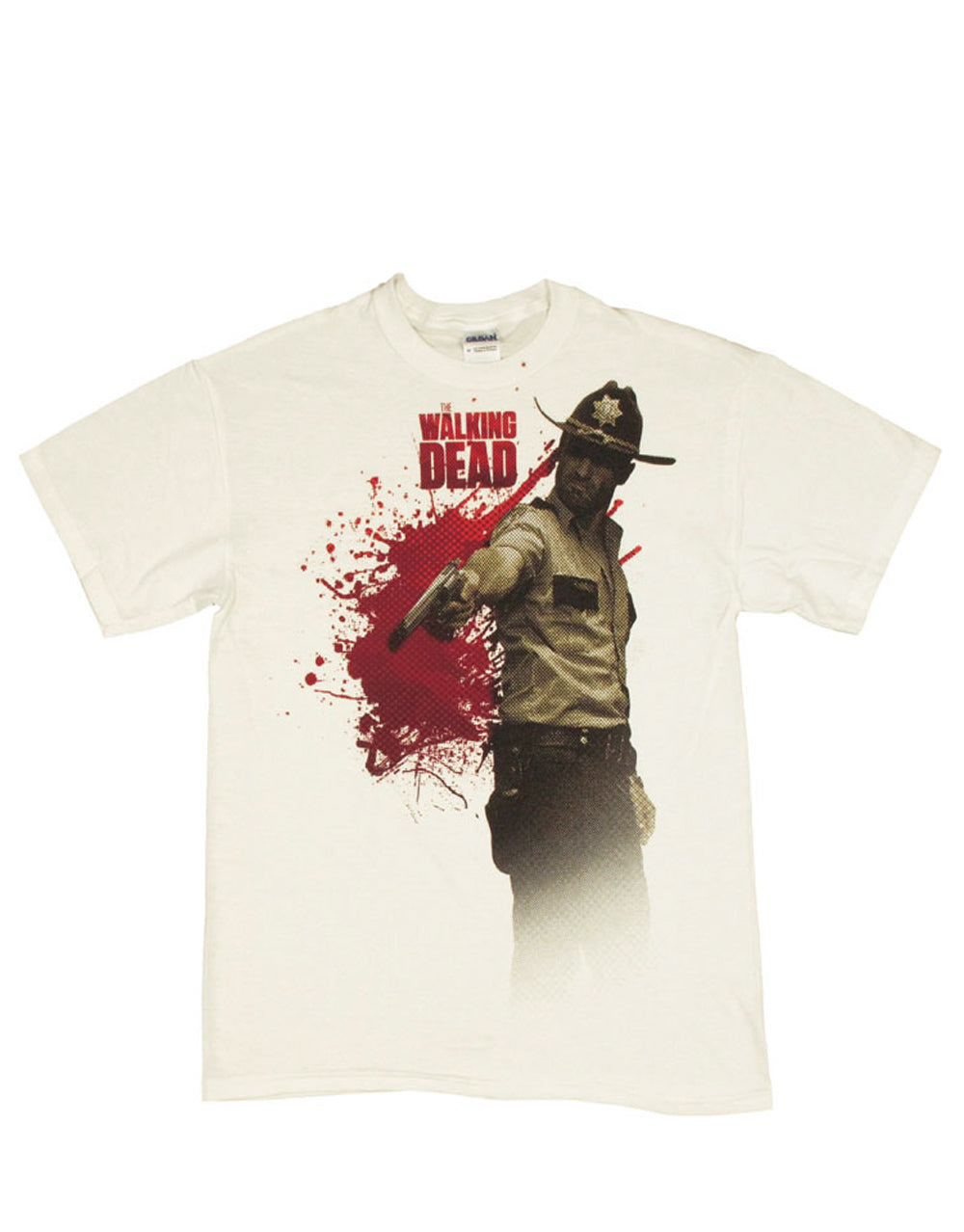 The Walking Dead dot splatter graphic on a white adult t-shirt.