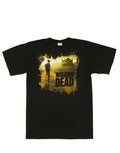 The Walking Dead splatter graphic on a black adult t-shirt.