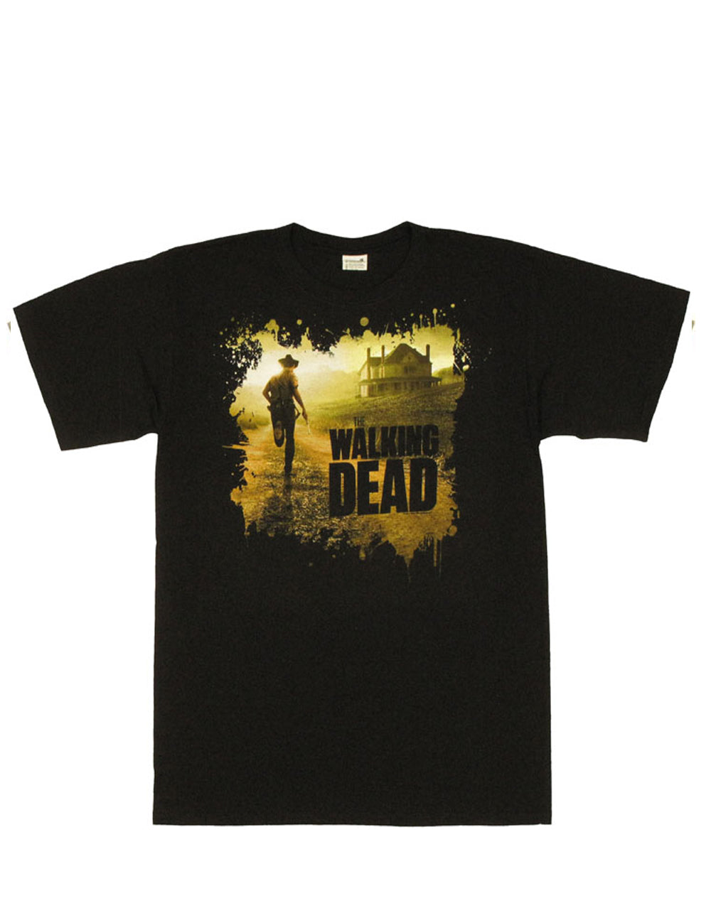 The Walking Dead splatter graphic on a black adult t-shirt.