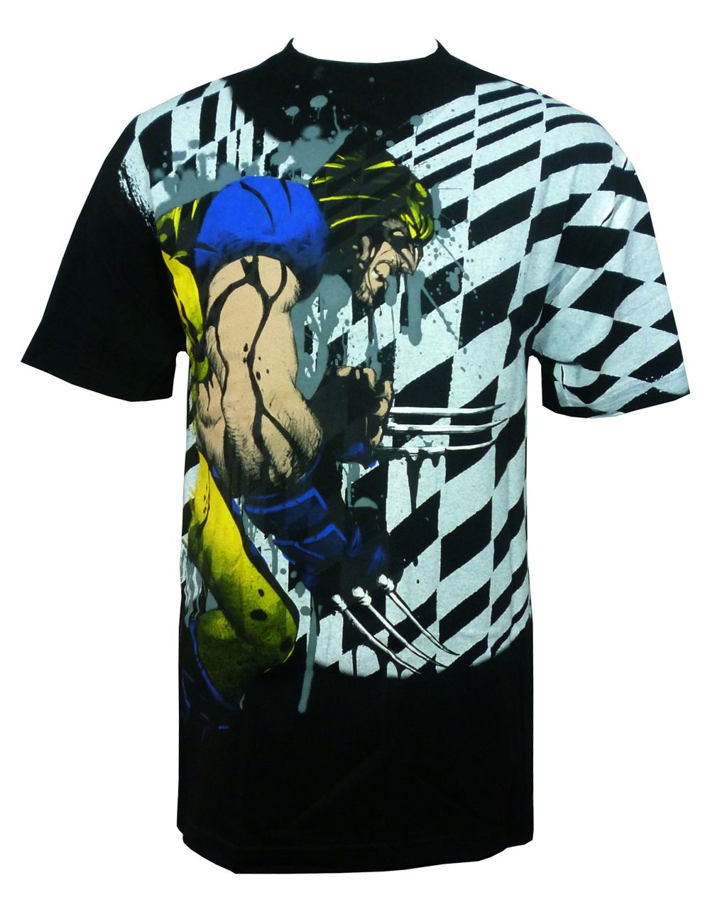 Wolverine x-men checked graphic on a black adult t-shirt.