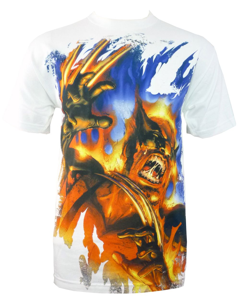 Wolverine x-men fire graphic on a white adult t-shirt.