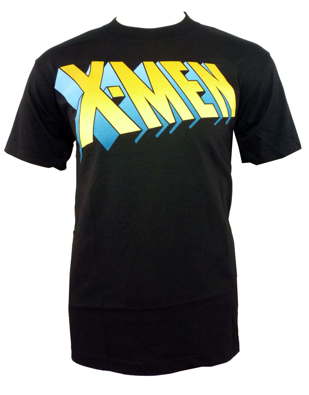 X-Men name graphic on a black adult t-shirt.