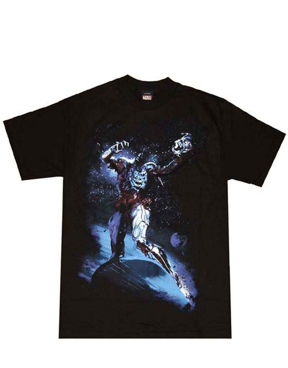 Silver Surfer Marvel zombies graphic on a black adult t-shirt.
