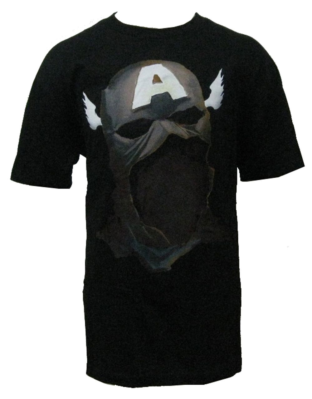 Captain America Marvel zombies cap mask graphic on a black adult t-shirt.