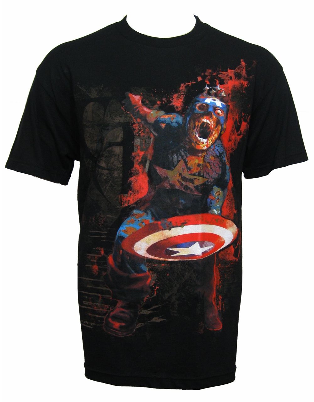Marvel zombies Captain America zombie graphic on a black adult t-shirt.