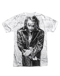 The Dark Knight sketchy graphic on a white adult t-shirt.