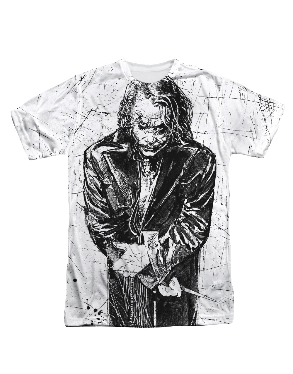 The Dark Knight sketchy graphic on a white adult t-shirt.