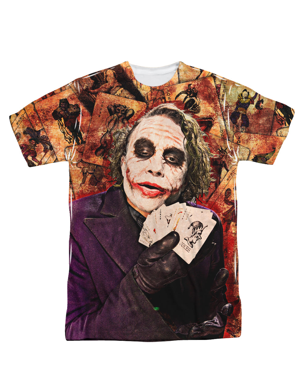 The Dark Knight wild card graphic on a white adult t-shirt.
