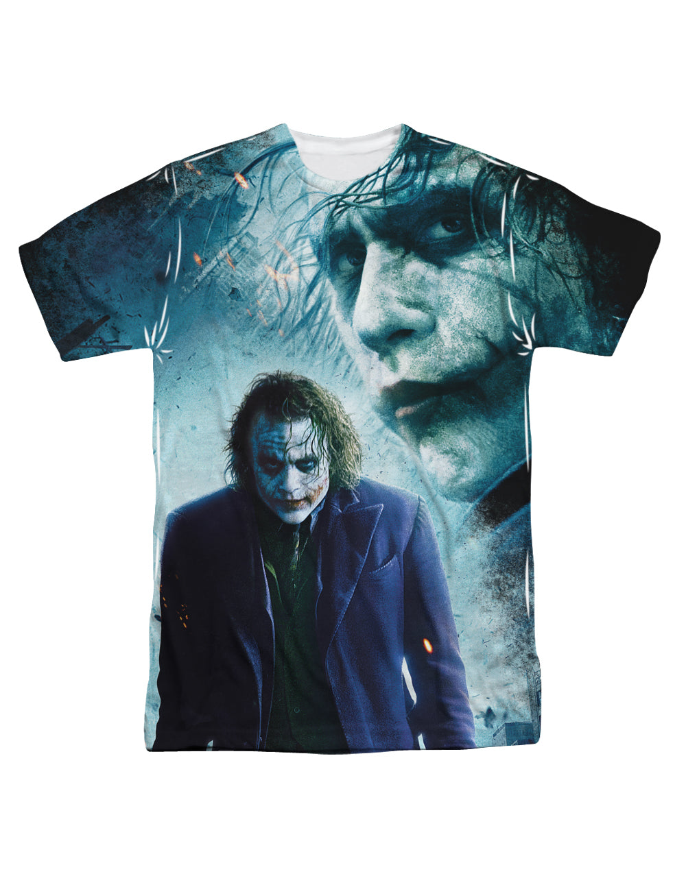 The Dark Knight Gotham chaos graphic on a white adult t-shirt.