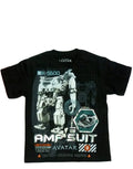 Avatar AMP suit graphic on a black kids t-shirt.