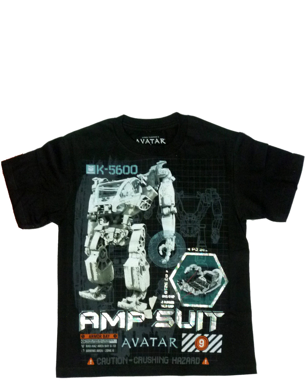 Avatar AMP suit graphic on a black kids t-shirt.