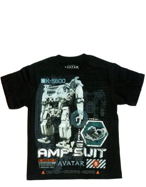 Avatar AMP suit graphic on a black kids t-shirt.