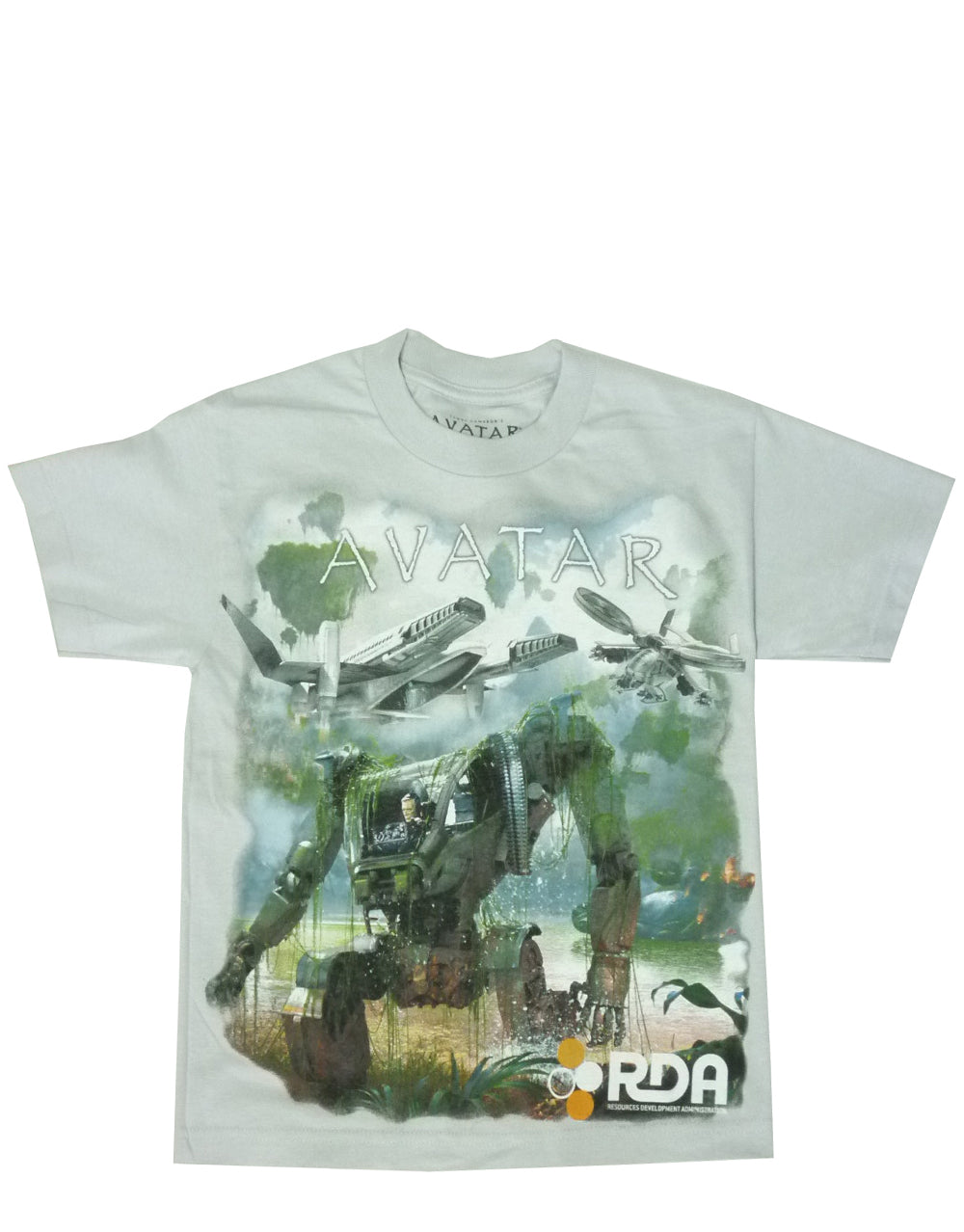 Avatar mossy graphic on a grey kids t-shirt.