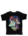 Toy Story Buzz v Zurg graphic on a black kids t-shirt.