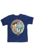 Toy Story Woody Buzz graphic on a navy blue kids t-shirt.