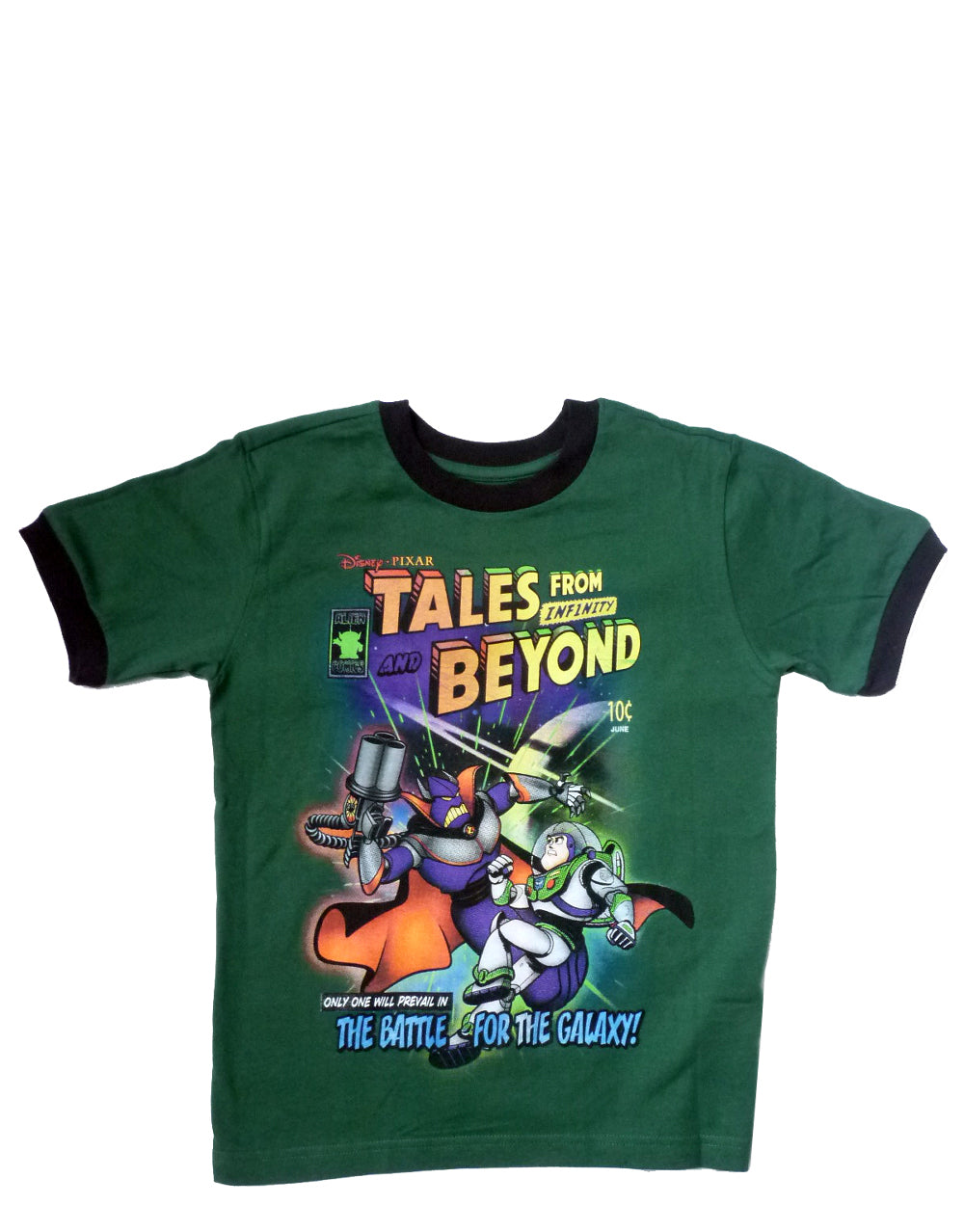 Toy Story tales graphic on a green kids t-shirt.