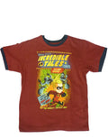 The Incredibles tales graphic on a maroon kids t-shirt.