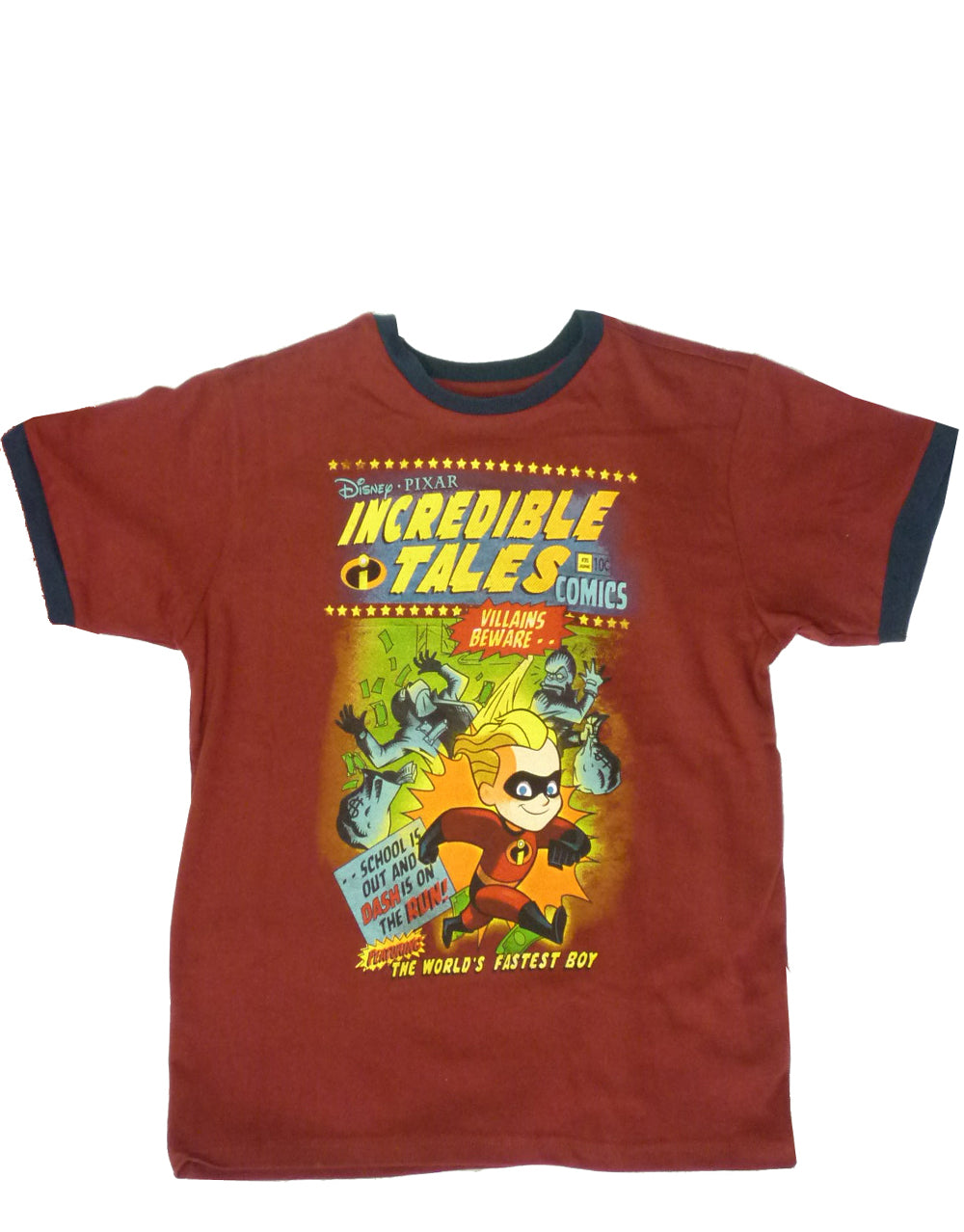 The Incredibles tales graphic on a maroon kids t-shirt.