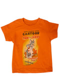 Tom and Jerry slicked up pup graphic on an orange kids t-shirt.