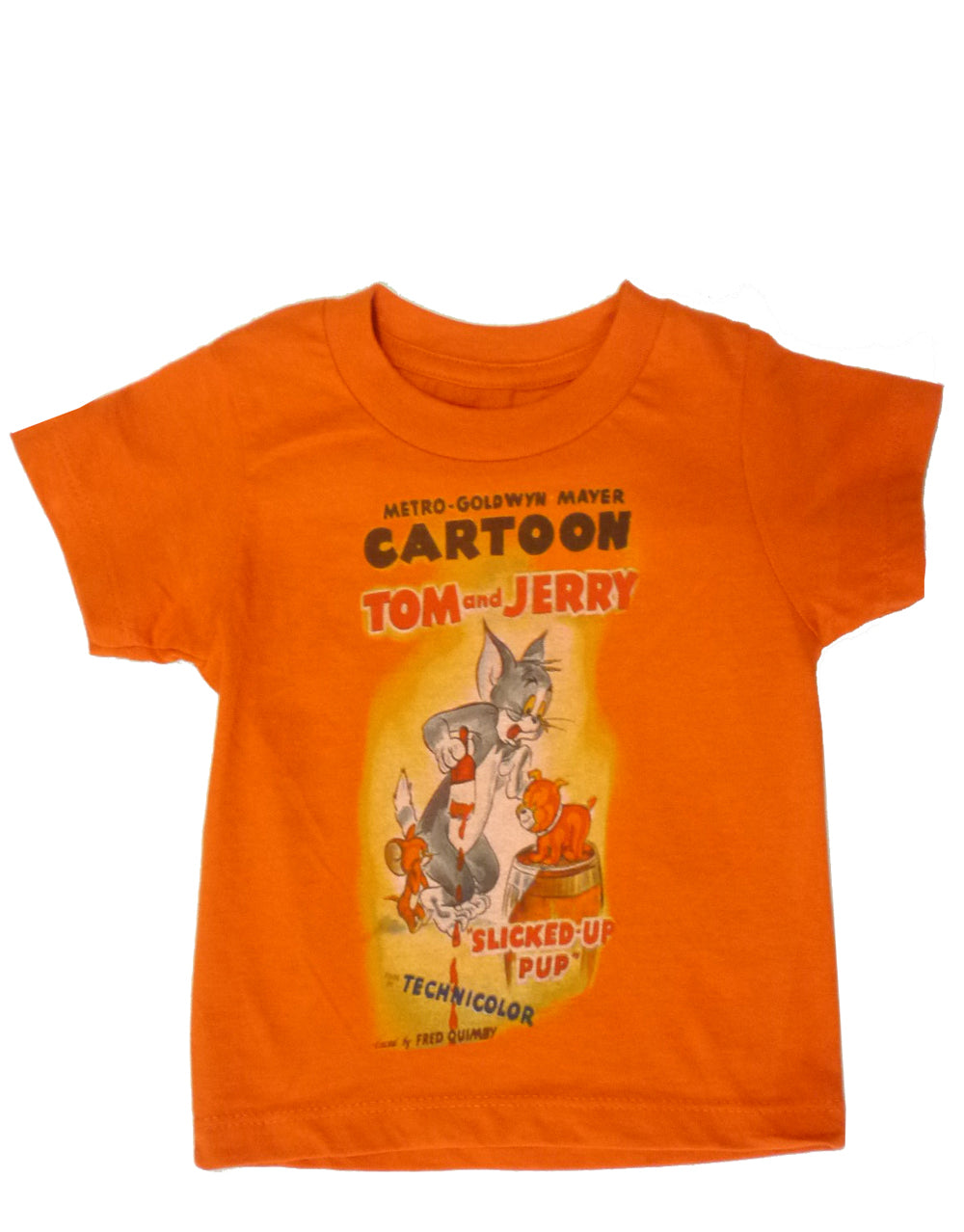 Tom and Jerry slicked up pup graphic on an orange kids t-shirt.