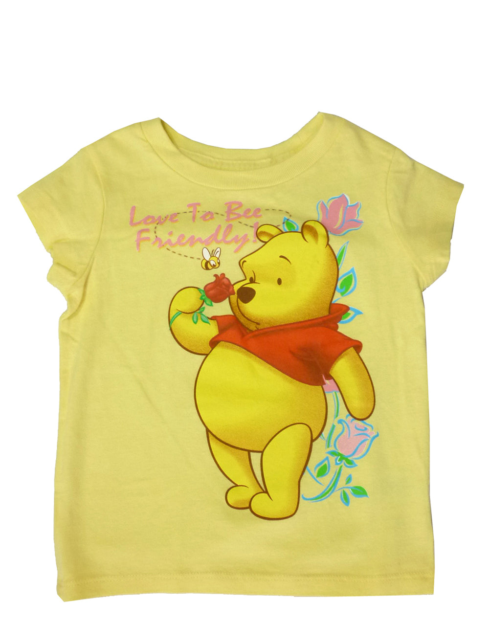 Winnie the Pooh love to bee friendly graphic on a yellow kids t-shirt.