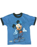 Mickey Mouse graphic on a blue kids t-shirt.