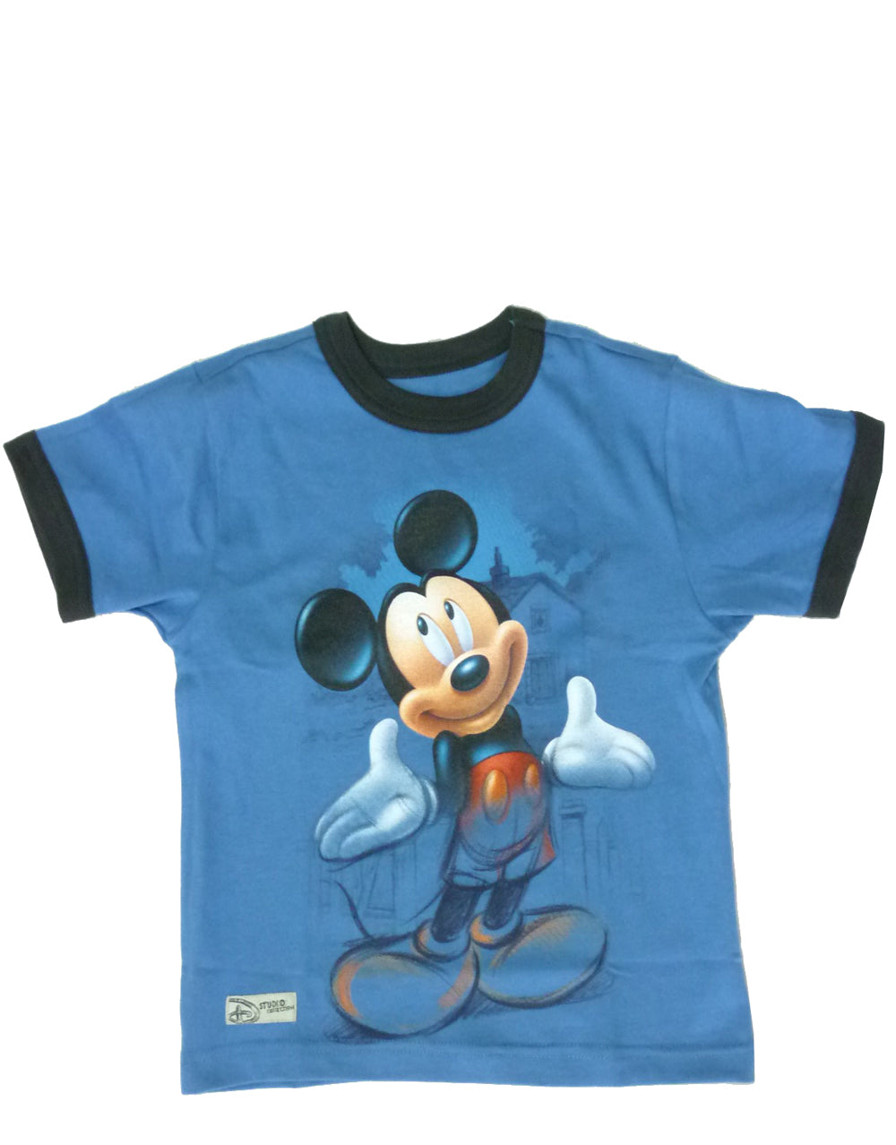 Mickey Mouse graphic on a blue kids t-shirt.