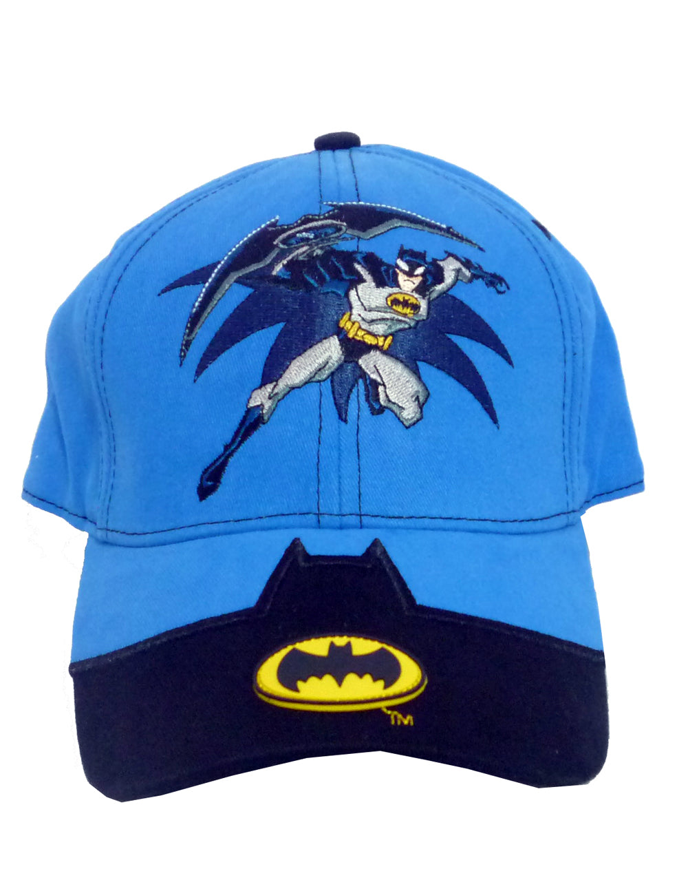 Batman toon graphic on a blue adult cap.