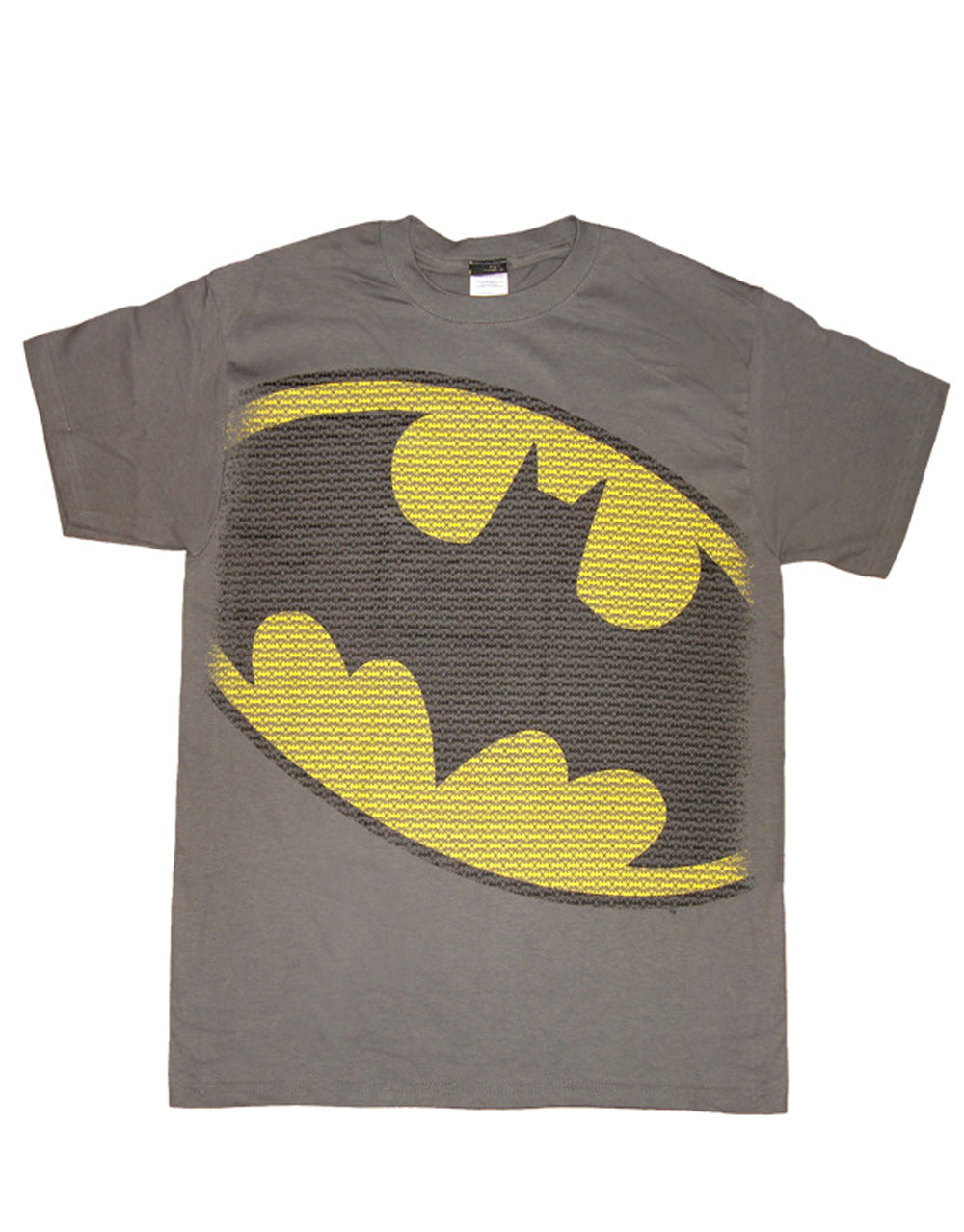 Batman mini logos graphic on a dark grey adult t-shirt.