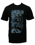 Batman cliff city graphic on a black adult t-shirt.