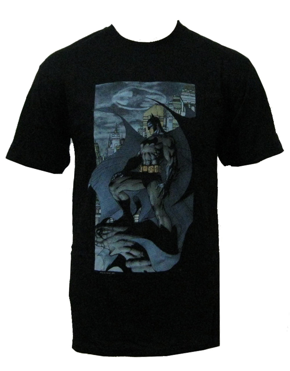 Batman cliff city graphic on a black adult t-shirt.